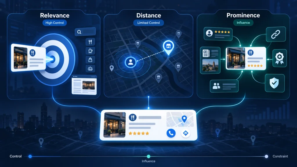 Local SEO framework showing relevance, distance and prominence as three factors influencing local search visibility