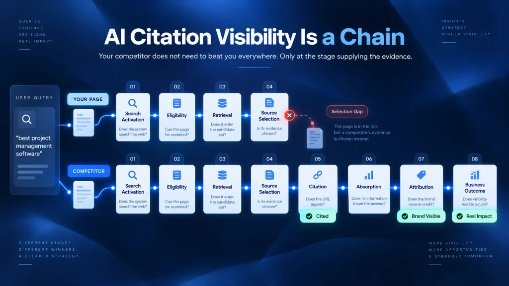 AI citation pipeline showing search activation, eligibility, retrieval, source selection, citation, absorption, attribution and business outcome stages.