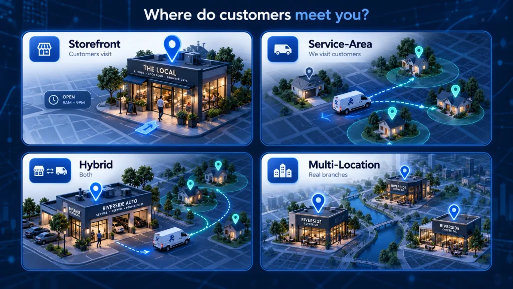 Local SEO business types compared across storefront, service-area, hybrid and multi-location operating models
