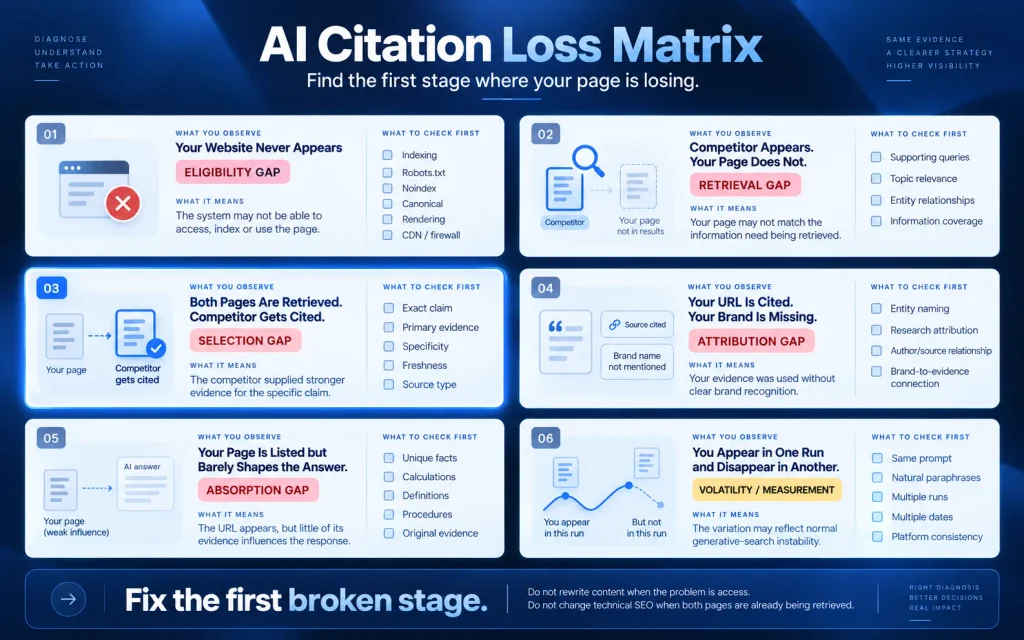AI citation loss matrix for diagnosing eligibility, retrieval, source selection, attribution, absorption and AI search visibility measurement gaps.