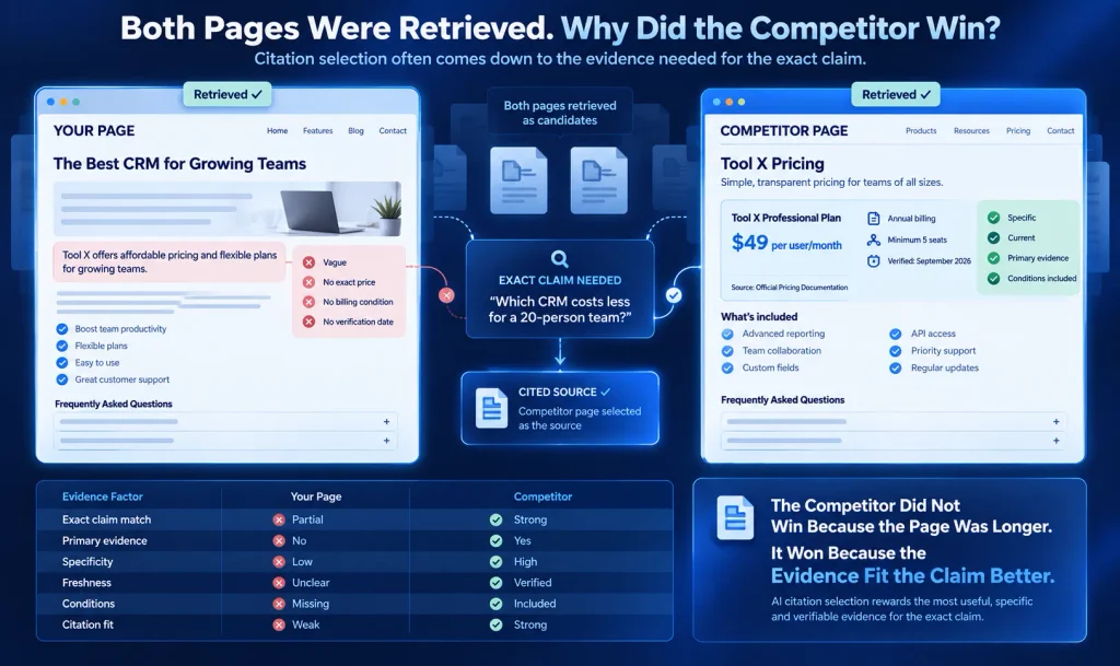 AI citation selection comparison showing why precise, current primary evidence can beat longer generic content when both webpages are retrieved.