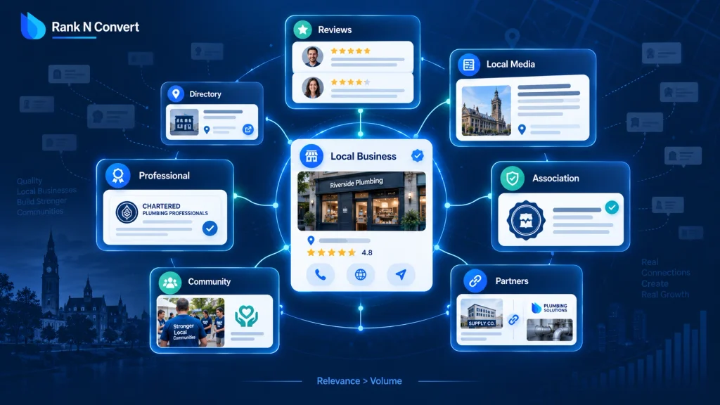 Local business authority network connecting reviews, local media, professional associations, partners and relevant directories