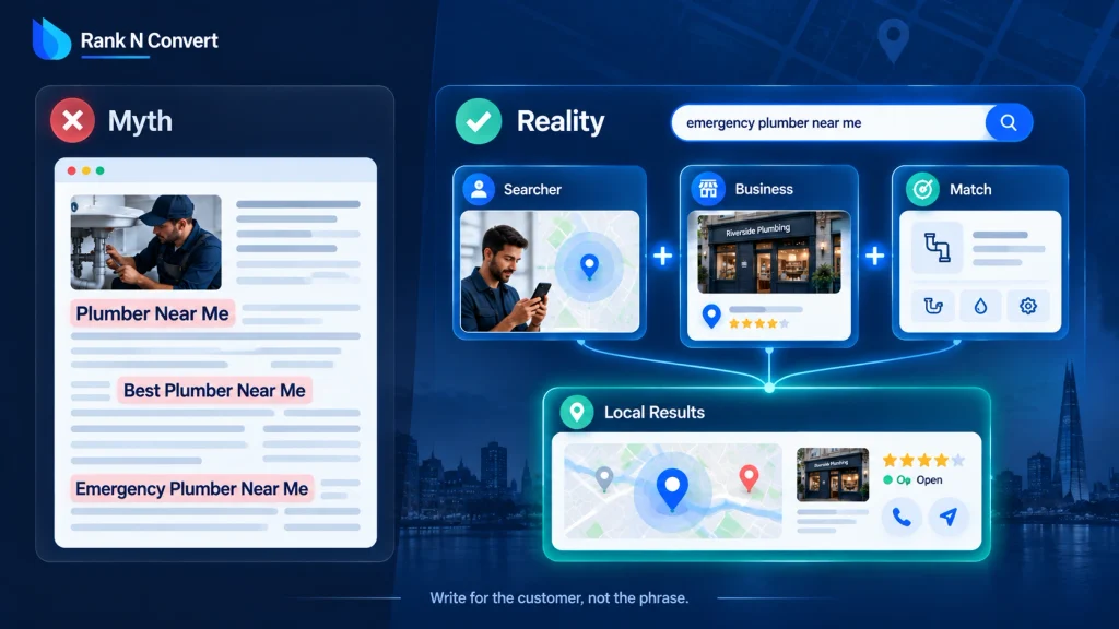 Local SEO myth showing keyword-stuffed near me content compared with location, business and relevance signals used for local results