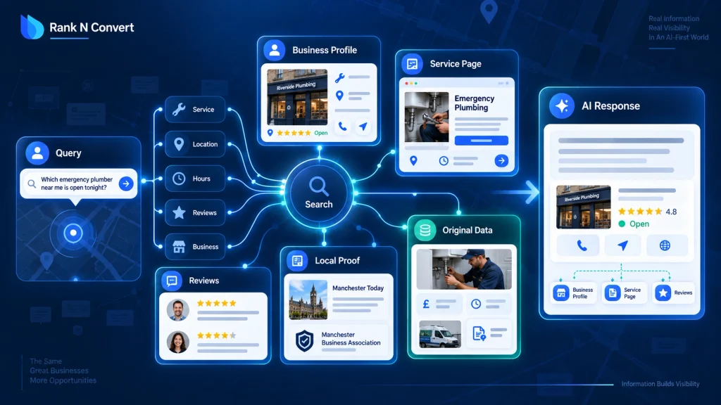 AI local search process retrieving business profile, service page, reviews, local proof and original data to generate an answer