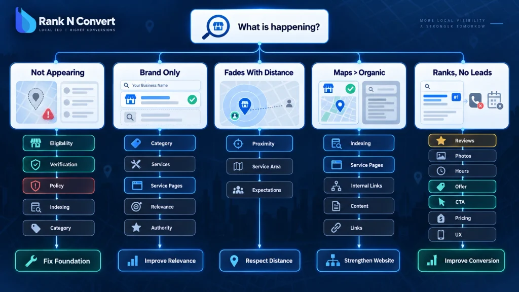 Local SEO diagnostic framework matching visibility symptoms with areas such as indexing, relevance, distance, website and conversion