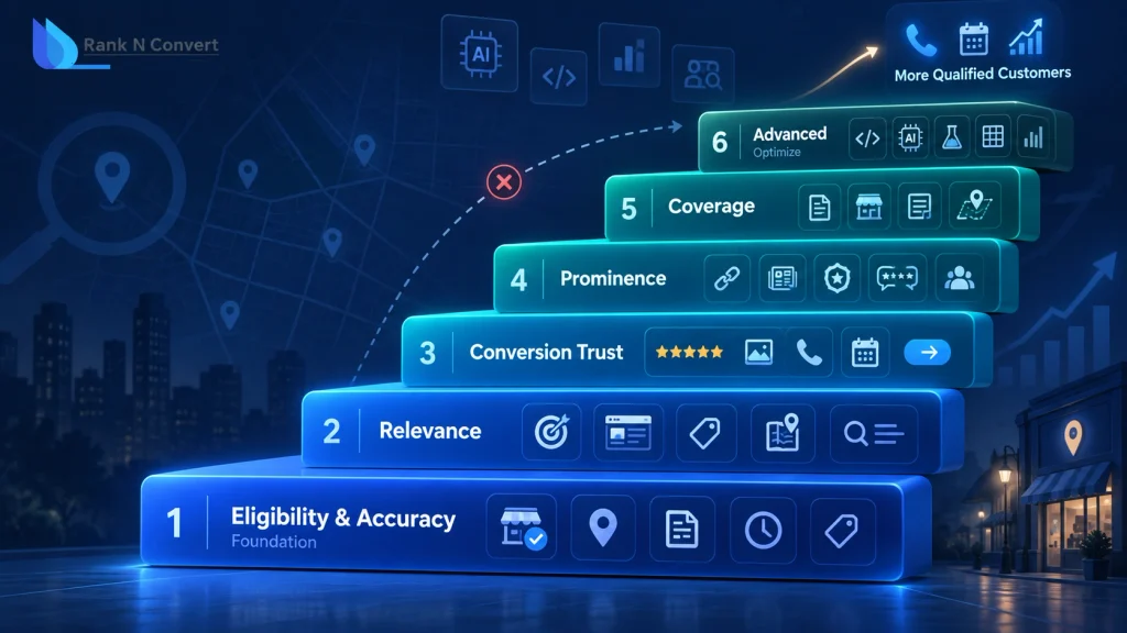 Local SEO priority ladder progressing from eligibility and relevance to conversion trust, prominence, coverage and advanced optimization