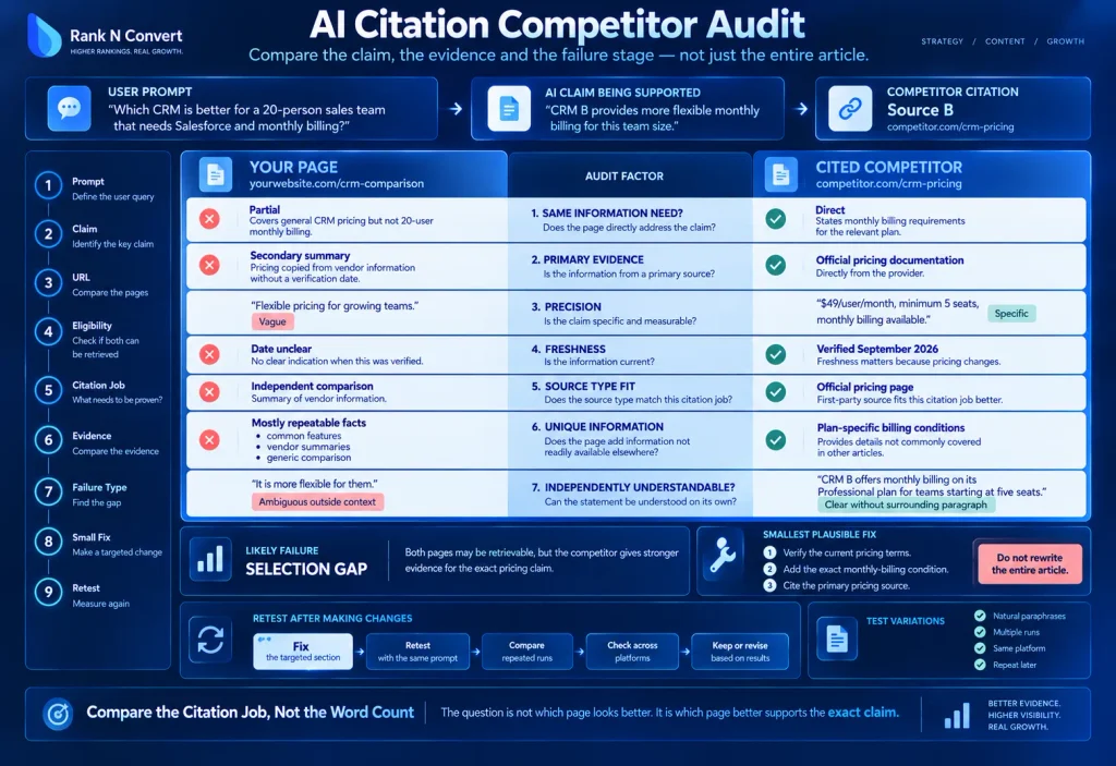 AI citation competitor audit comparing claim relevance, evidence precision, source type, freshness and citation fit between two webpages.