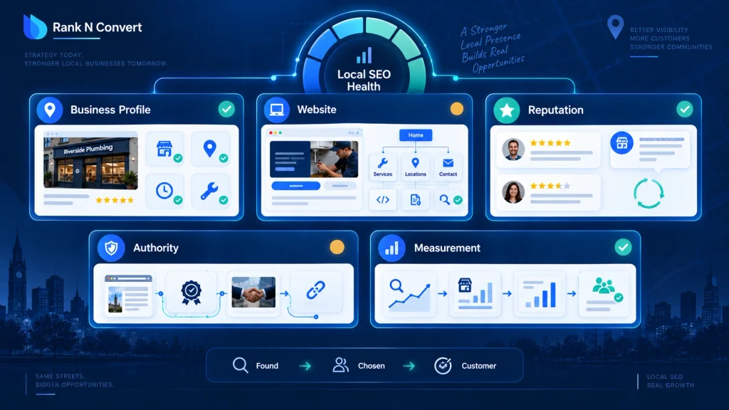 Local SEO health dashboard assessing Business Profile, website, reputation, authority and measurement systems