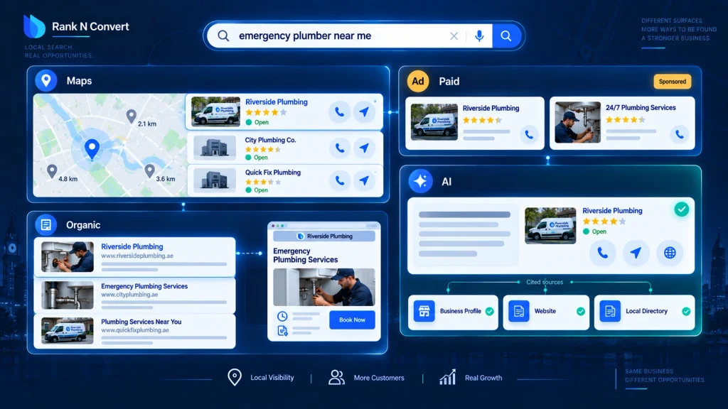 Local business visibility across Maps, organic search, AI answers and paid local search results for the same search query