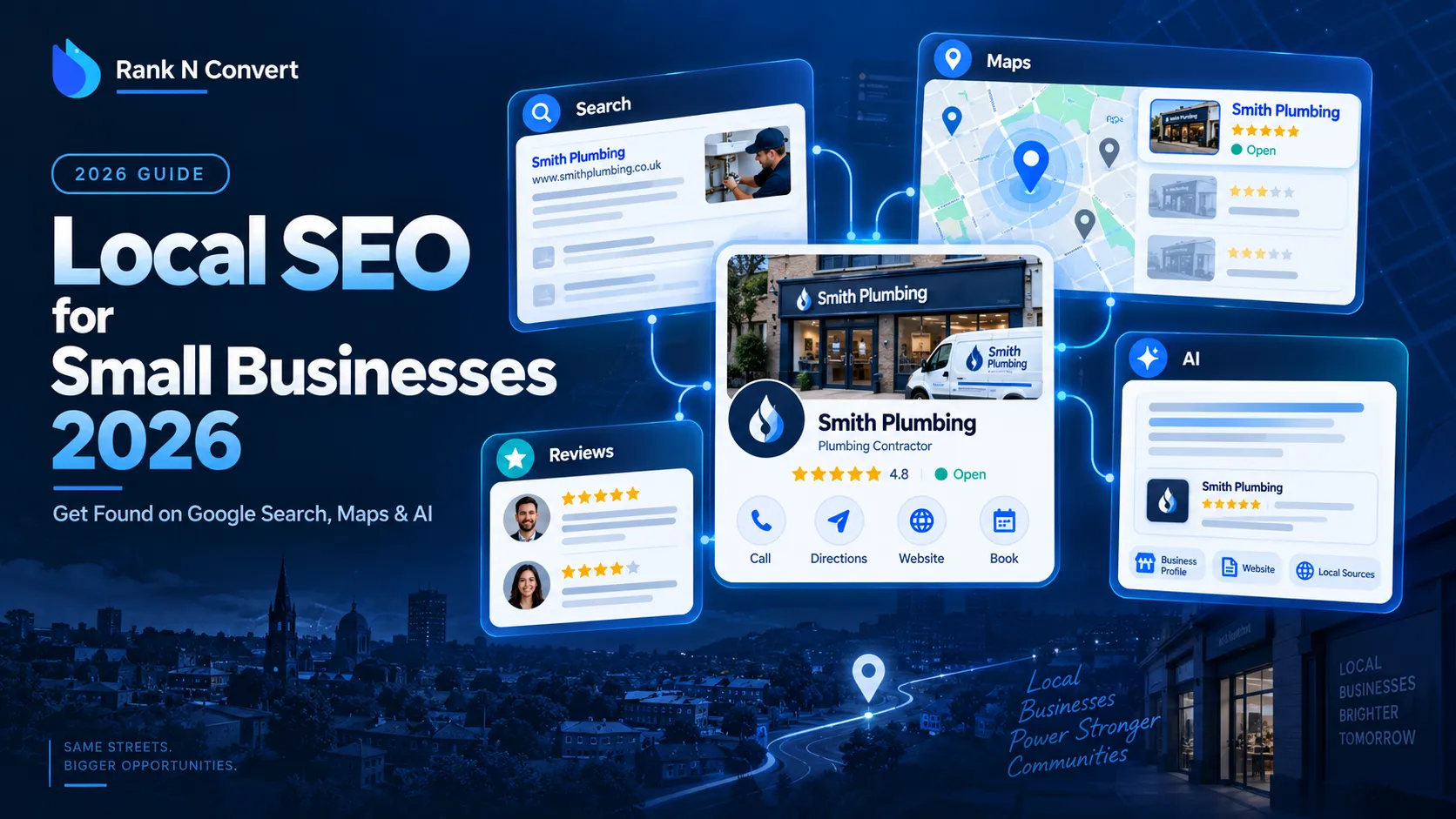 Local SEO for small businesses in 2026 showing visibility across Maps, organic search, reviews and AI search results
