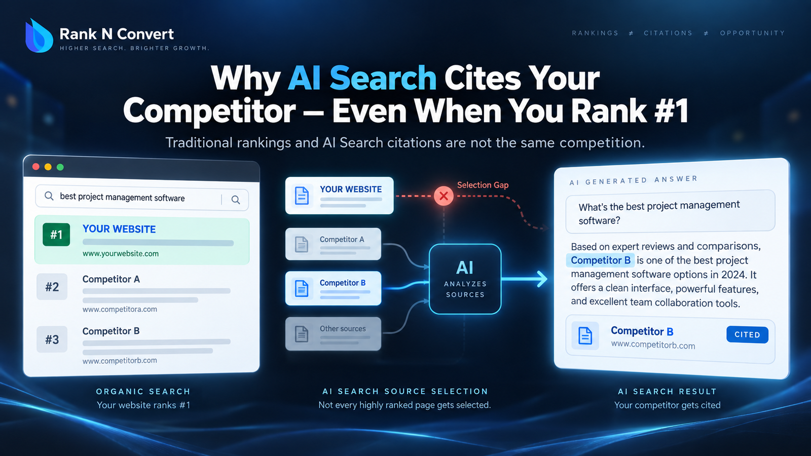 AI search infographic showing why a competitor may be cited in AI-generated answers even when your website ranks #1 in organic search, highlighting AI search source selection, citations, rankings and competitor visibility.