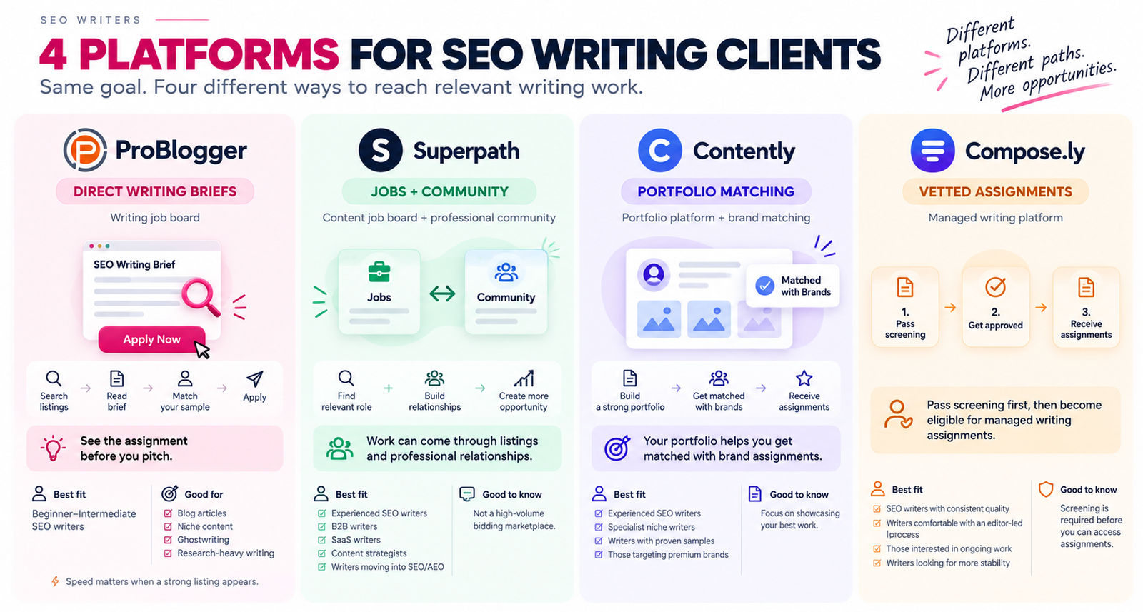 Comparison of ProBlogger, Superpath, Contently and Compose.ly for SEO content writer jobs, showing how writers can find freelance clients through job briefs, communities, portfolio matching and vetted assignments.