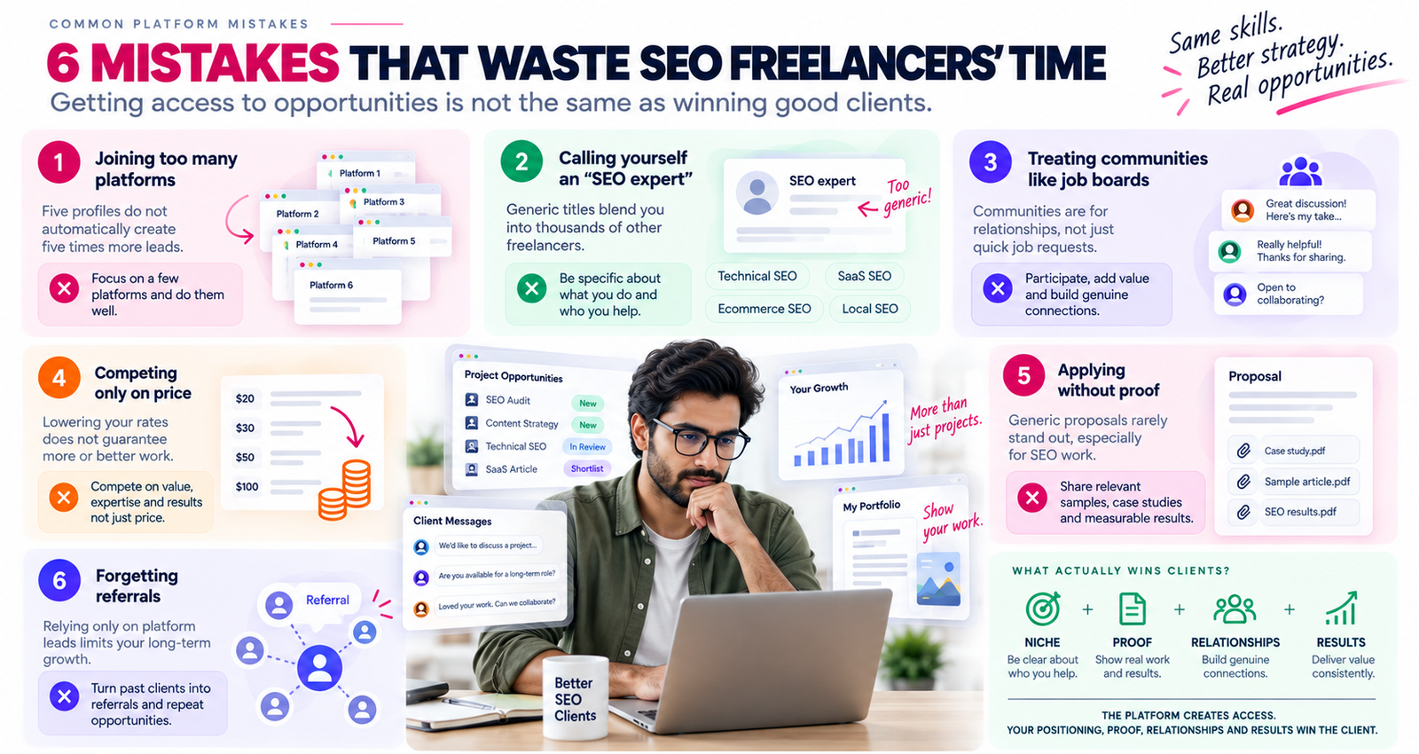 SEO freelancer infographic showing six mistakes that make it harder to get freelance clients, including joining too many platforms, generic positioning, price competition, weak proof and ignoring referrals.