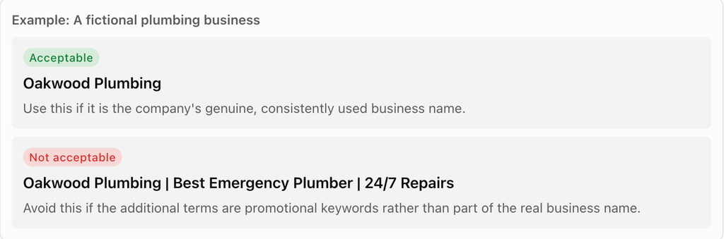 Google Business Profile business name optimization example comparing the correct name Oakwood Plumbing with keyword-stuffed business names containing emergency plumber and 24/7 repairs.