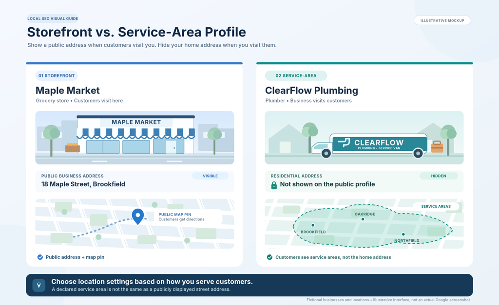 Side-by-side Google Business Profile examples showing a retail store's public address and a home-based plumber's hidden address and service areas.