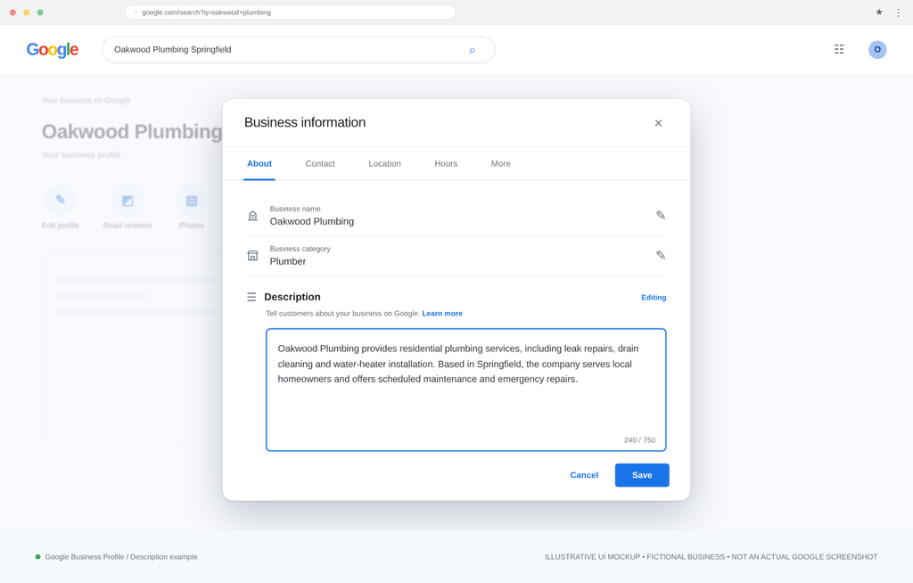 Realistic Google Business Profile description editor showing Oakwood Plumbing's business description, service details and character counter.