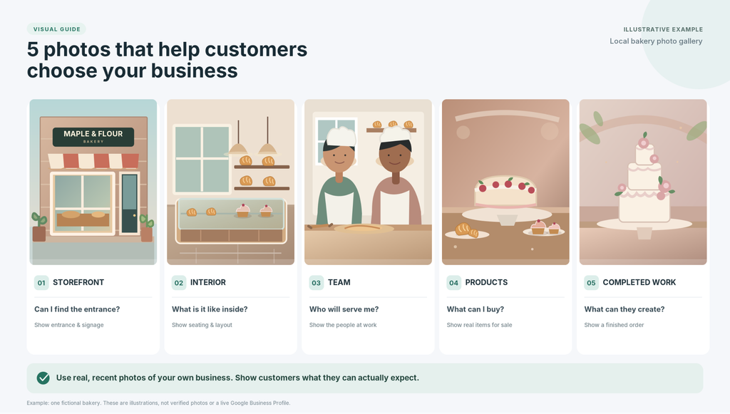 Five Google Business Profile photo examples showing a small business's storefront, interior, team, products and completed work.