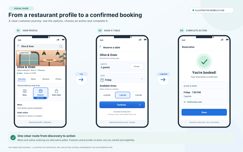 Mobile Google Business Profile example showing a restaurant's menu, online ordering and the steps from viewing its profile to confirming a reservation.