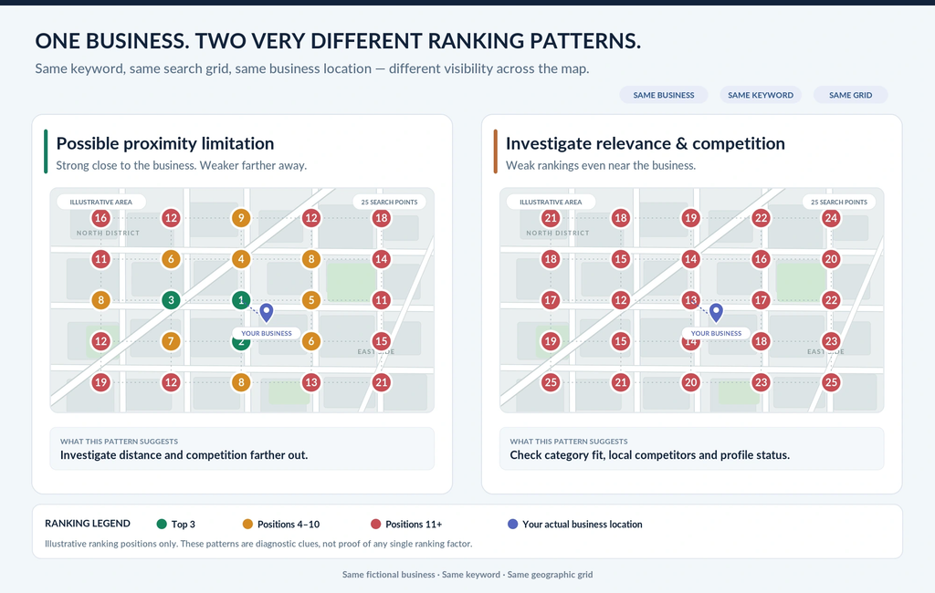 Two illustrative Google Maps geo-grids comparing rankings that decline with distance against poor visibility even near the business location.