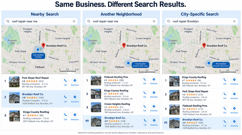 Three Brooklyn maps showing the same roofing company ranking second nearby, ninth in another neighborhood and fifth for a city-specific search.