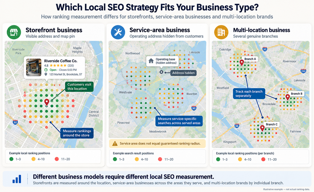 Three maps comparing local SEO ranking measurement for storefronts, service-area businesses with hidden addresses and businesses with multiple locations.
