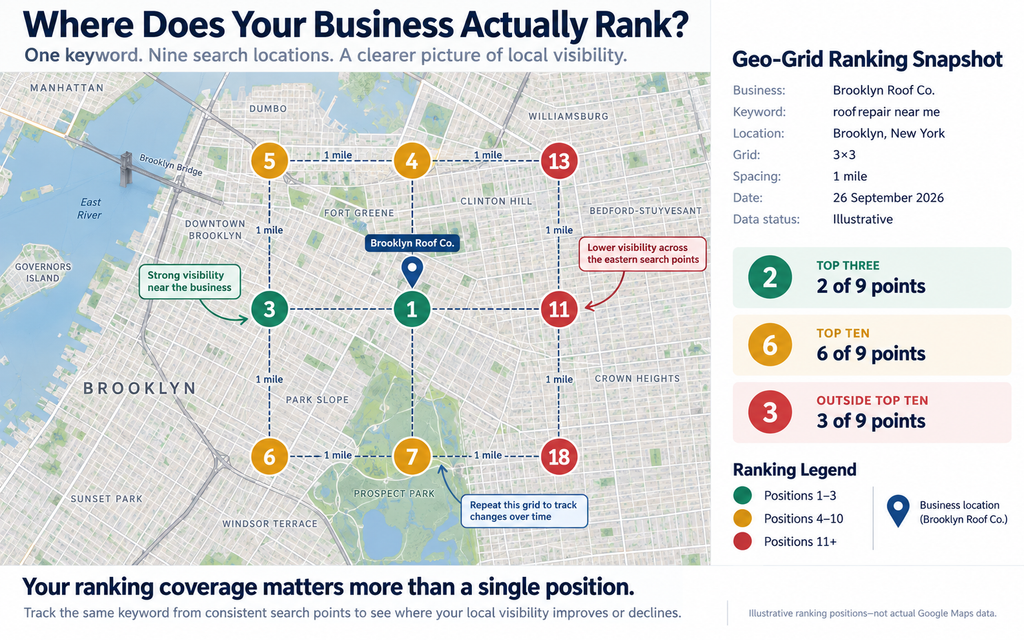 Illustrative Google Maps geo-grid showing a Brooklyn roofing company's rankings across nine search points, with stronger visibility near its location and weaker rankings farther east.