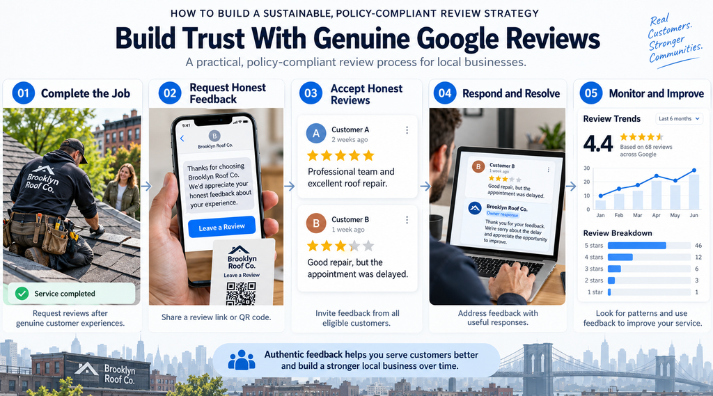 Five-step Google review strategy showing a completed roofing job, an honest review request, customer feedback, professional responses and review monitoring.