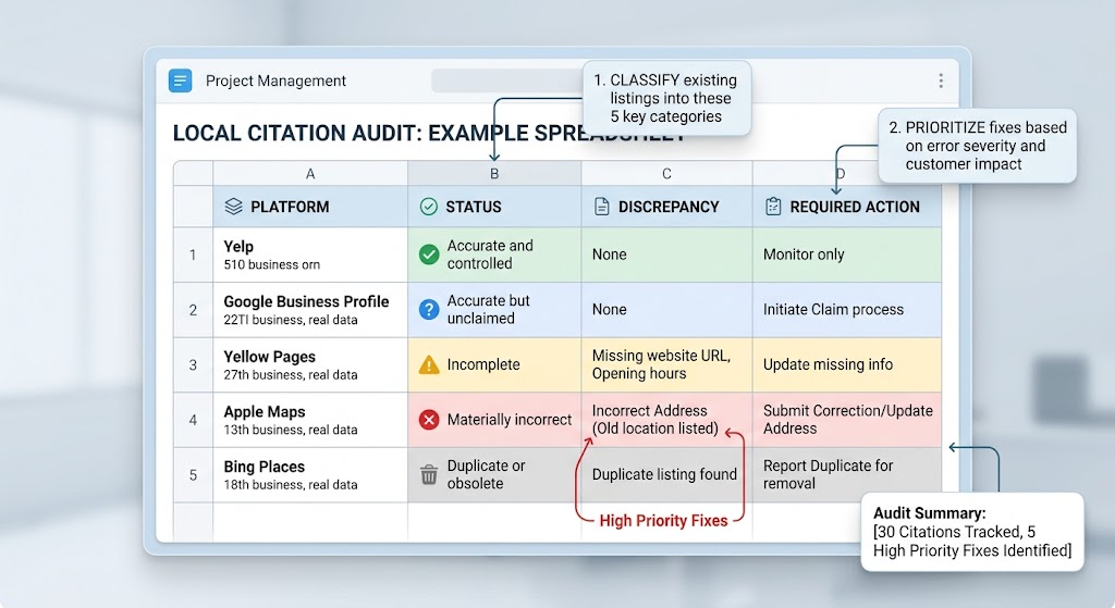 Example local citation audit spreadsheet showing five listing statuses, NAP discrepancies, priority levels and recommended actions for inaccurate business listings.
