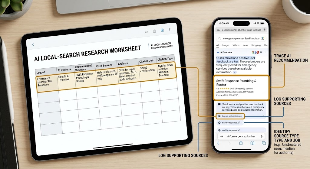 Illustrative AI local-search research worksheet beside a mobile search result, highlighting a recommended plumbing business, supporting citation sources and AI visibility tracking.
