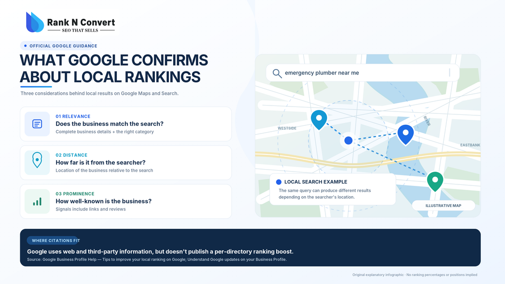 Google local ranking factors infographic illustrating relevance, distance and prominence on a map, with an explanation of how third-party business information fits into local search.