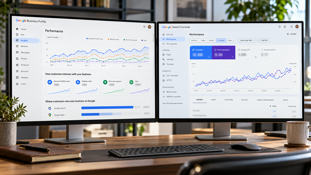 Free local SEO tools comparison showing Google Business Profile interactions and Google Search Console organic search performance