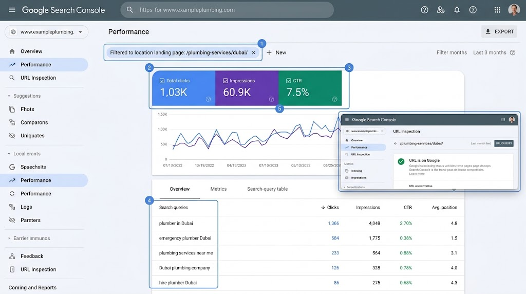 Google Search Console local SEO report showing organic clicks, impressions, CTR, search queries and landing page indexing