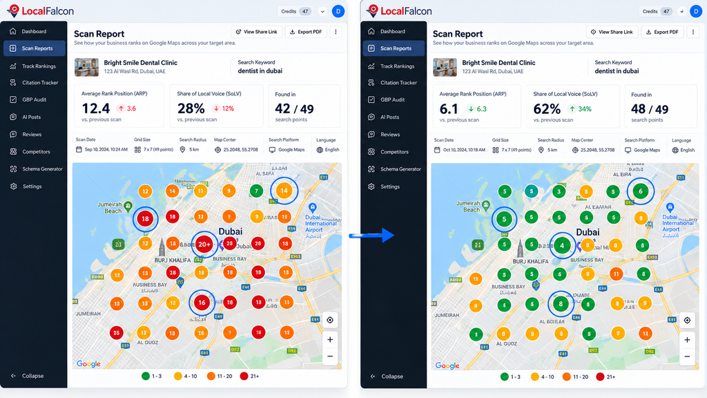 Local Falcon geo-grid rank tracking tool comparing Google Maps keyword rankings across neighborhoods on two different dates