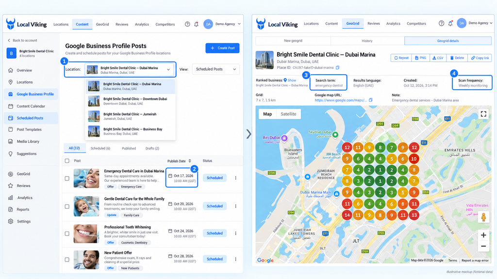 Local Viking dashboard showing multi-location Google Business Profile scheduling and Google Maps geo-grid rank tracking