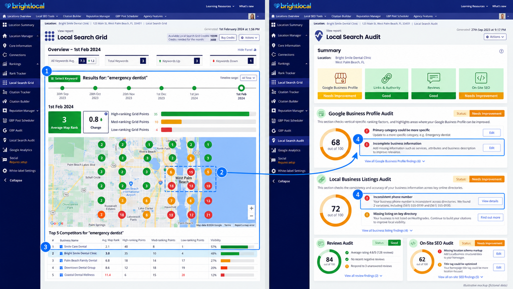 BrightLocal local SEO audit and rank tracking reports showing Google Maps visibility, competitor rankings and listing issues