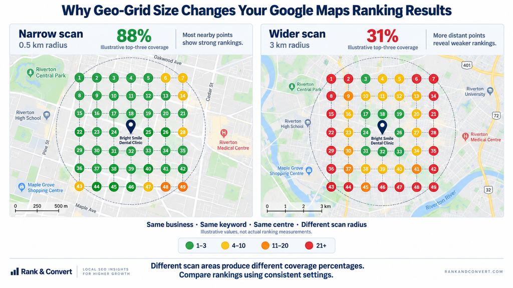 Google Maps rank tracking comparison showing how different geo-grid scan radii affect local SEO visibility across neighborhoods