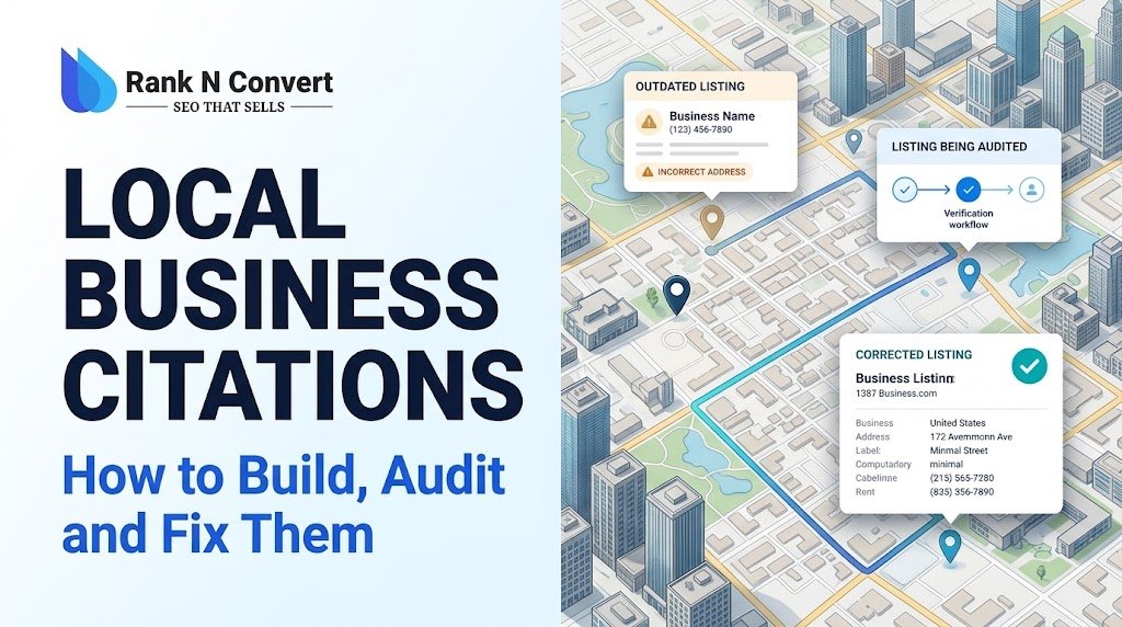 Rank N Convert featured graphic for Local Business Citations: How to Build, Audit and Fix Them, showing business listings, location information and citation corrections.