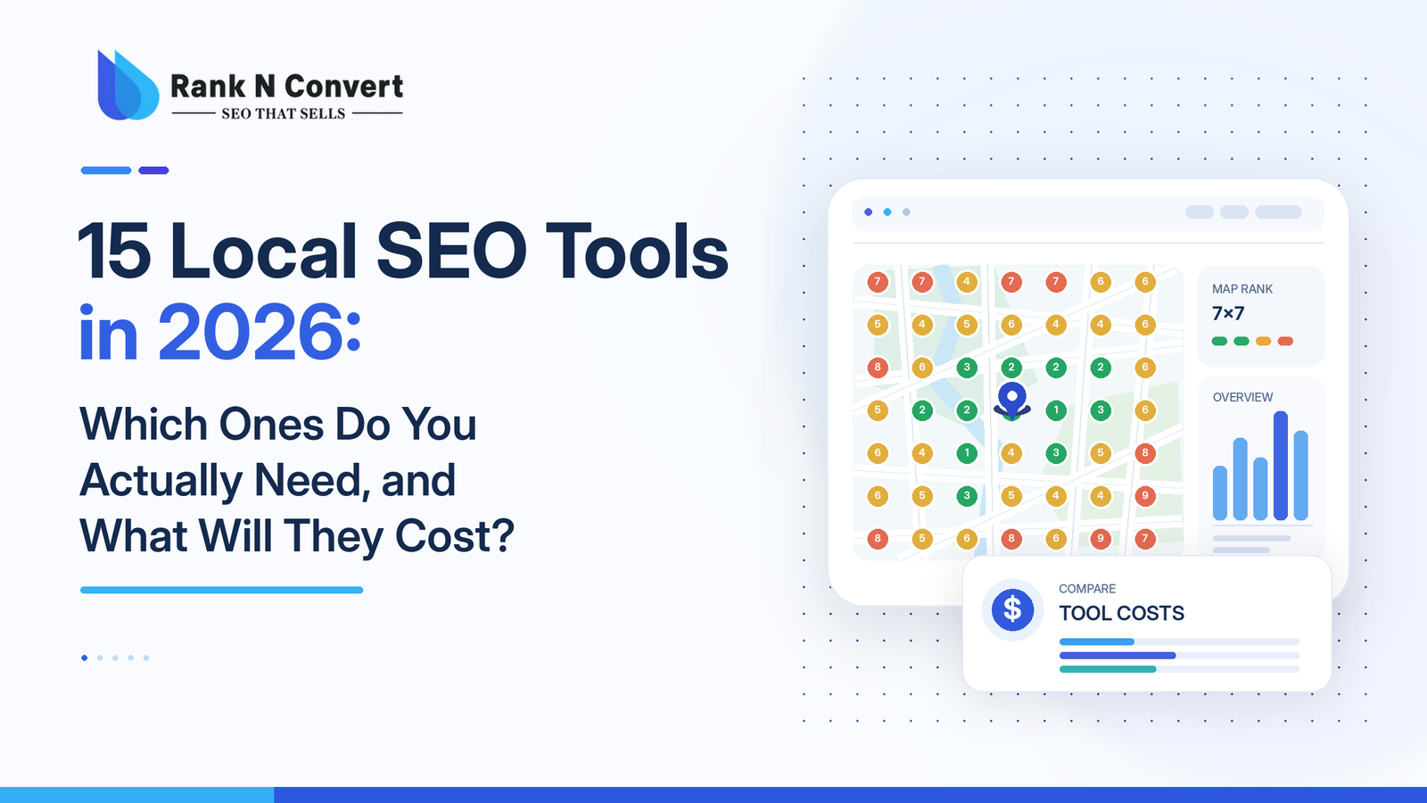 Rank N Convert featured image comparing 15 local SEO tools in 2026, including Google Maps rank tracking, GBP optimization and local SEO software costs.