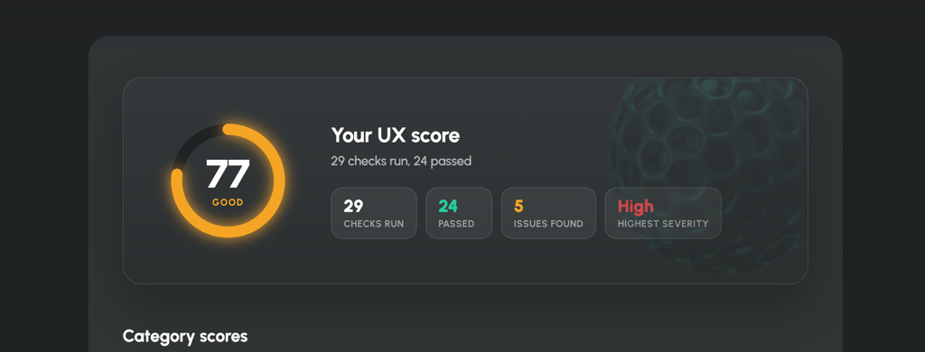UX audit showing a score of 77 with 24 of 29 usability checks passed