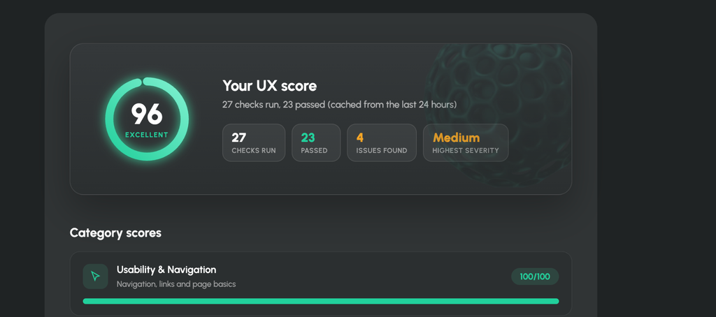 UX audit showing an improved score of 96 after usability and navigation changes