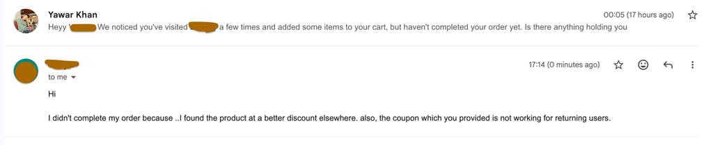 Customer email explaining an abandoned cart caused by a better competitor discount and an invalid returning-user coupon