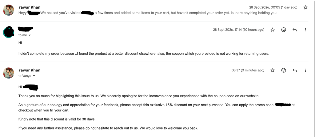 Customer recovery email offering a 15% discount after feedback about an abandoned cart and coupon issue