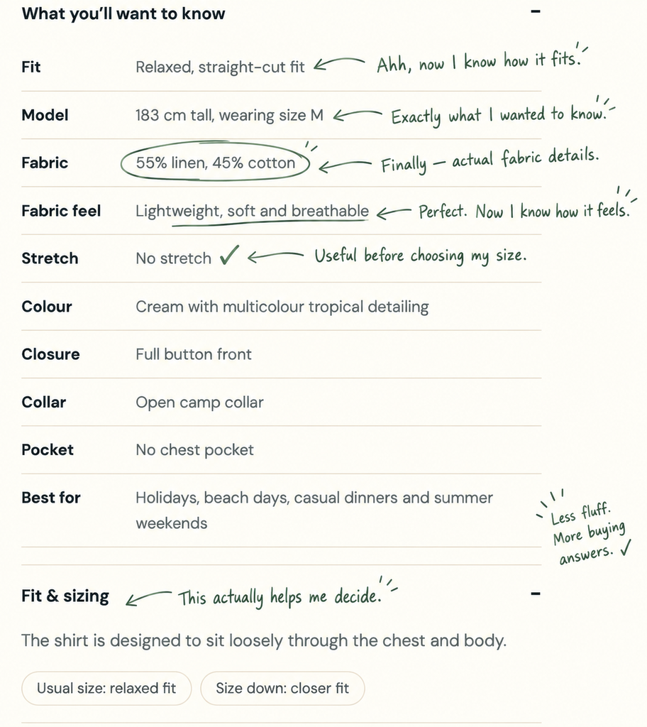 Improved ecommerce product description with fit, fabric, sizing, stretch and product details for shoppers