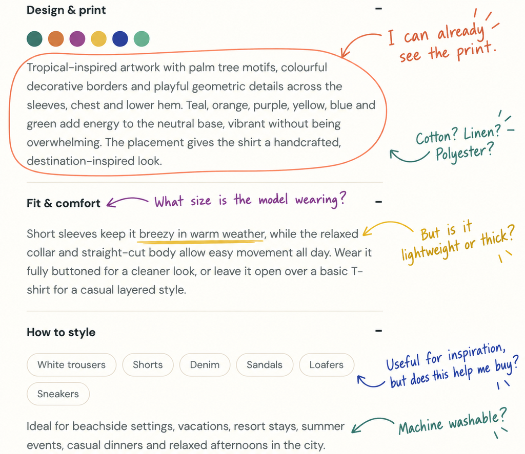 Original ecommerce product description annotated with missing fabric, sizing and buying information