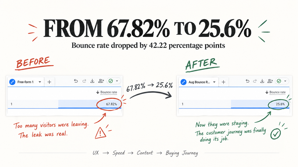 Bounce rate improvement from 67.82% to 25.6% after UX, speed, content and buying journey improvements