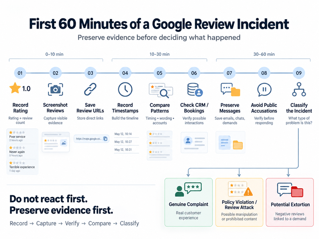 Google review management incident workflow for recording suspicious reviews, preserving evidence, checking customer records and classifying the issue.


