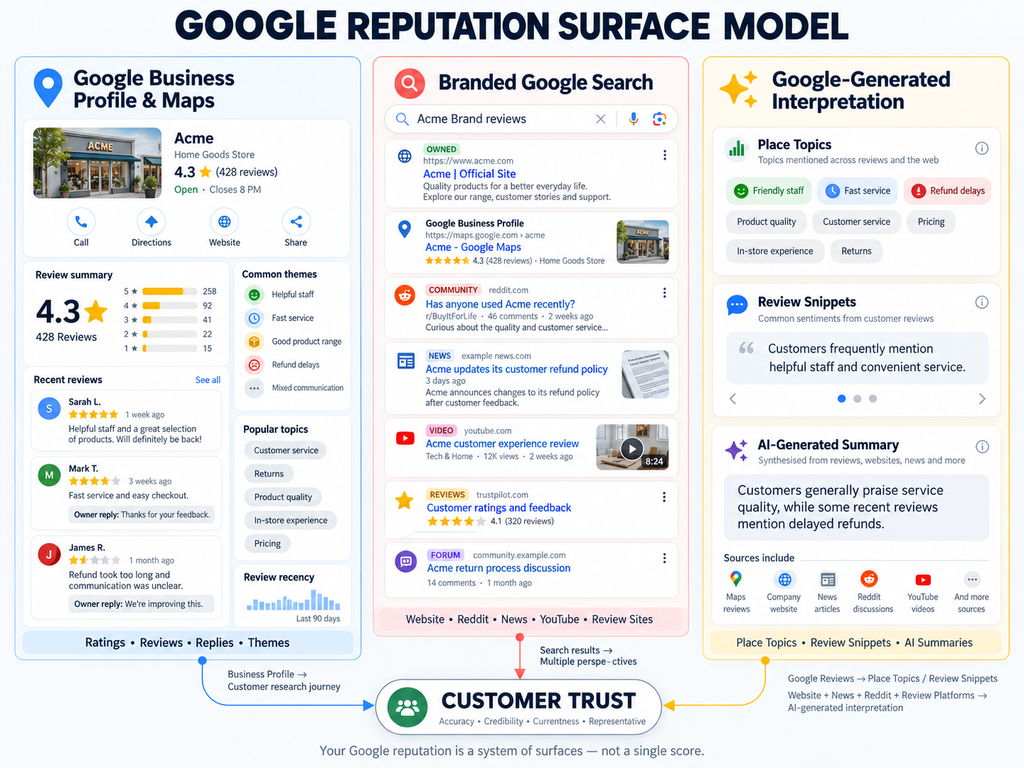 Google reputation management model showing Business Profile reviews, branded search results and AI-generated interpretation shaping customer trust.

