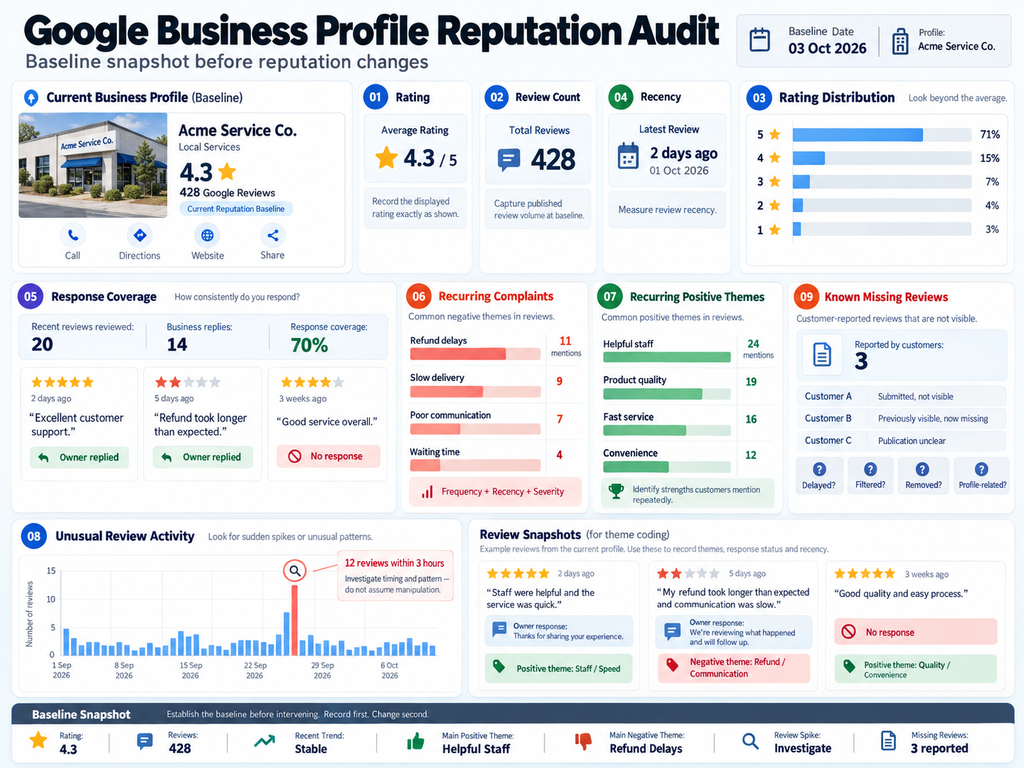 Google Business Profile reputation management audit covering ratings, review count, response coverage, recurring themes, review spikes and missing reviews.

