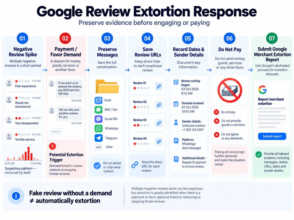 Google review extortion response process showing how to preserve messages and review links, avoid payment and submit supporting evidence.


