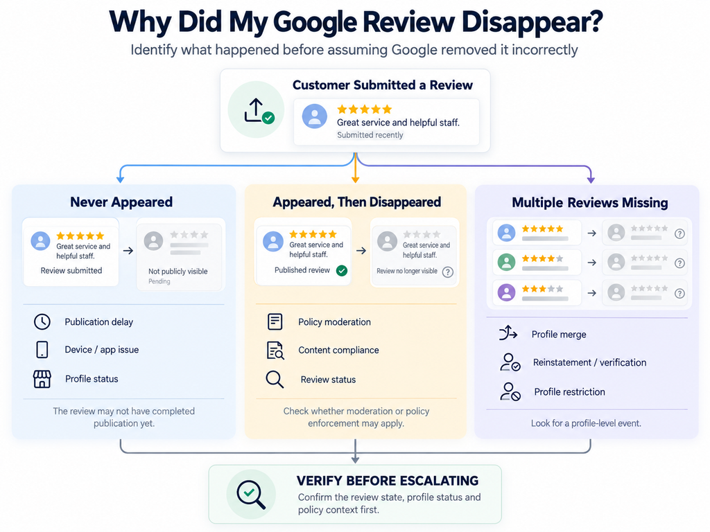 Google review removal diagnostic showing checks for reviews that never appeared, disappeared after publication or went missing in groups.


